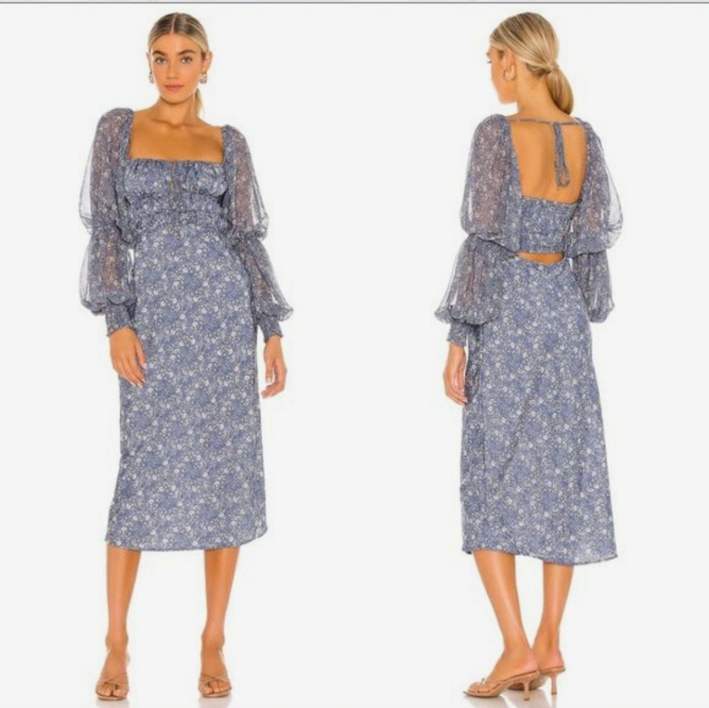 Free People Aglow Midi Dress Long Puff Sleeve Smock Open Back Large NWOT - Picture 3 of 14